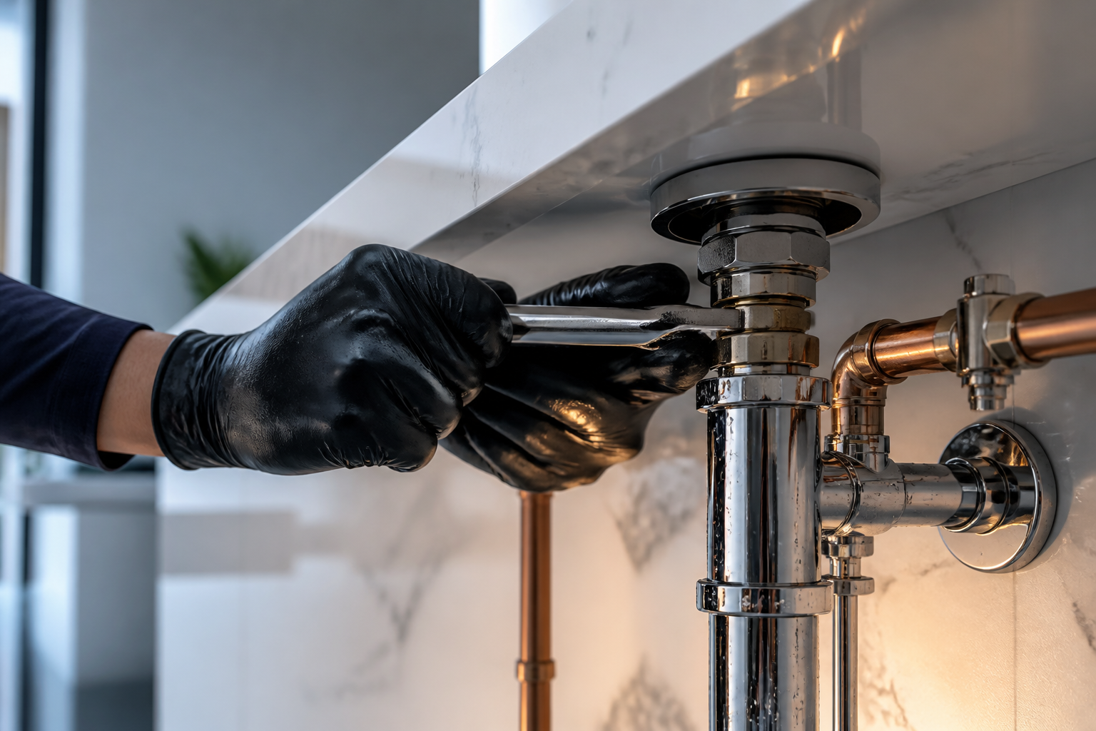 Plumbing repair work under a vanity