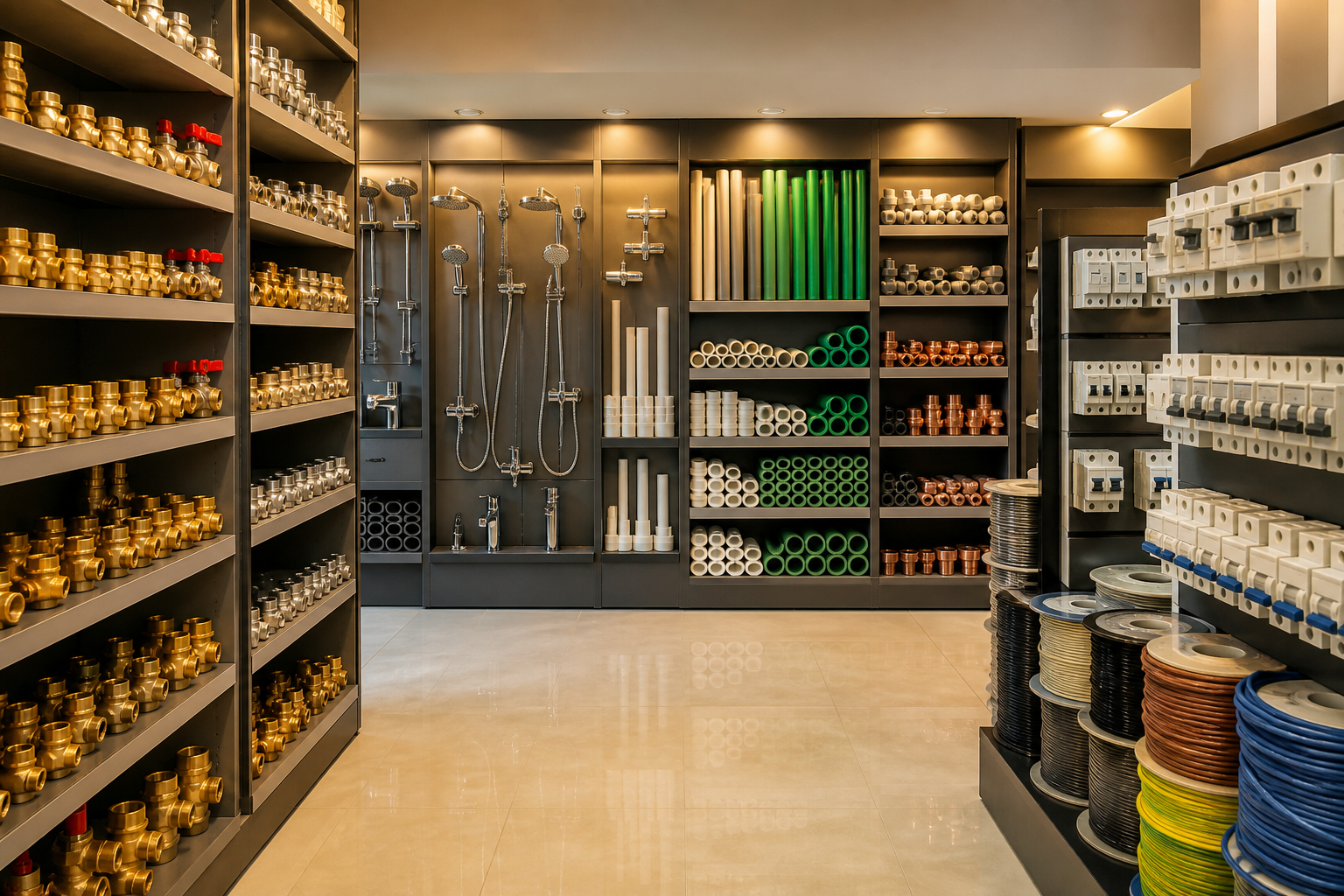 Plumbing and electrical materials on shelves